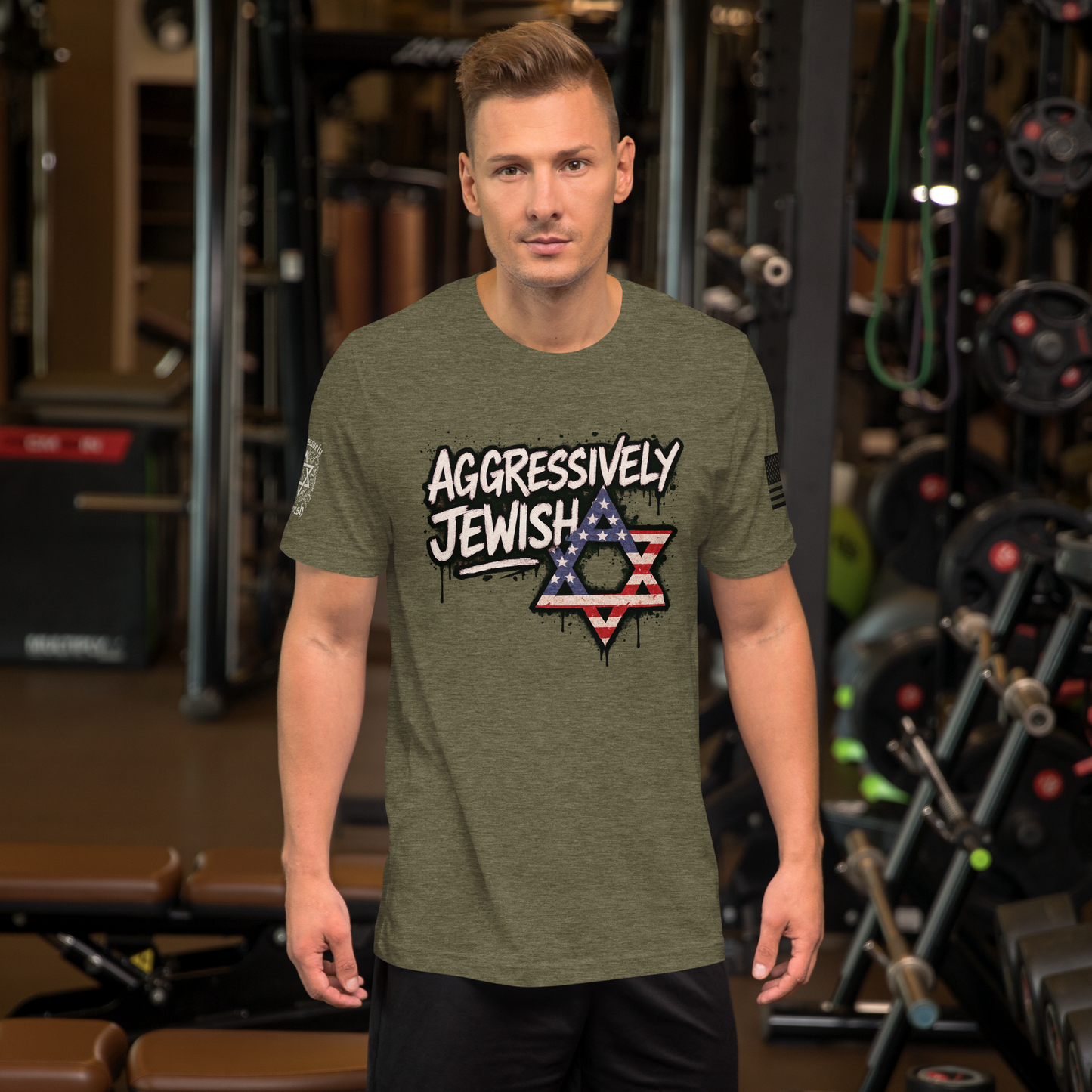 Aggressively Jewish - American (back and sleeve logos) - Men's/Unisex